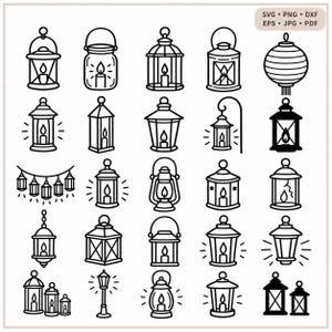 May include: A collection of twenty-five black and white line art icons depicting various styles of lanterns, including hanging, handheld, and post-mounted designs, each featuring a central flame. The text SVG, PNG, DXF, EPS, JPG, PDF appears.