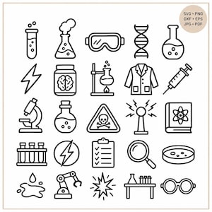 Peut inclure: Un ensemble de vingt-cinq icônes en noir et blanc représentant des thèmes scientifiques et de laboratoire, incluant un tube à essai, une hélice d'ADN, un microscope, un bécher, une seringue, des lunettes de protection, une blouse et un crâne.