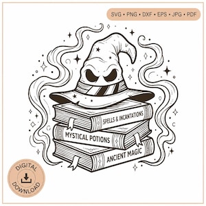 Könnte beinhalten: Eine schwarz-weiße Strichzeichnung, die einen spitzen Zaubererhut auf einem Stapel von drei Büchern zeigt. Die Bücher sind mit Spells & Incantations, Mystical Potions und Ancient Magic beschriftet. Wirbelnder Rauch und Sterne umgeben den Stapel.