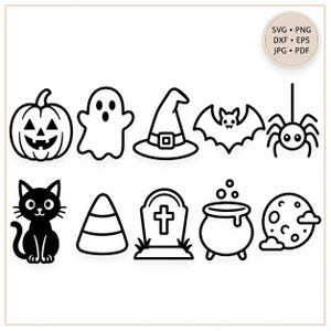 May include: A collection of ten black and white Halloween-themed line art icons including a jack-o'-lantern, ghost, witch hat, bat, spider, cat, candy corn, tombstone, cauldron, and moon. A circular badge in the corner lists SVG, PNG, DXF, EPS, JPG, PDF.