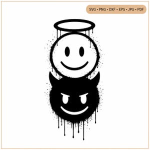 May include: A black and white graphic design featuring a stacked pair of circular faces. The top face is a white smiley with a black halo, while the bottom face is a black devil with horns. Both figures have a spray paint drip effect.