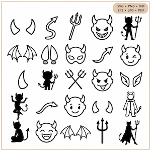 May include: A collection of black and white digital graphic icons featuring devil-themed elements including horns, tails, tridents, bat wings, and various devil faces with different expressions. The top right corner contains the text SVG, PNG, DXF, EPS, JPG, PDF.