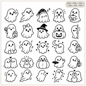 Pode incluir: Uma coleção de vinte e cinco ilustrações de arte linear em preto e branco apresentando vários fantasmas fofos em diferentes poses, alguns com acessórios como abóboras, chapéus, lanternas e estrelas. O canto superior direito exibe o texto SVG, PNG, DXF, EPS, JPG, PDF.