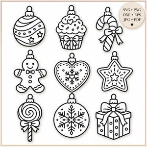 May include: A collection of nine black and white line art illustrations featuring holiday-themed ornaments including a striped bauble, a cupcake, a candy cane, a gingerbread person, a heart, a star, a lollipop, a snowflake bauble, and a gift box.