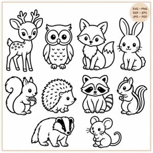 May include: A collection of ten black and white line art illustrations featuring a deer, owl, fox, rabbit, squirrel, hedgehog, raccoon, chipmunk, badger, and mouse. The top right corner contains the text SVG, PNG, DXF, EPS, JPG, PDF.