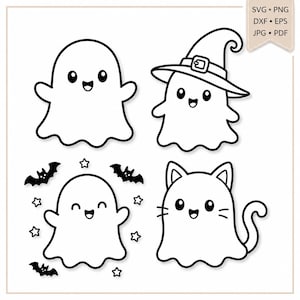 May include: A digital graphic set featuring four black and white line art characters: a simple ghost, a ghost wearing a witch hat, a ghost surrounded by bats and stars, and a ghost cat with whiskers and a tail. Text reads SVG, PNG, DXF, EPS, JPG, PDF.