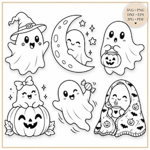 May include: A collection of six black and white line art illustrations featuring ghosts, a crescent moon, stars, a jack-o'-lantern, a bow, candy, and a blanket. The text SVG, PNG, DXF, EPS, JPG, PDF is visible in the top right corner of the image.