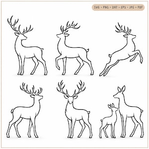 Può includere: Una collezione di sei illustrazioni a linee nere di cervi in varie pose, tra cui in piedi, che camminano, che saltano e una coppia con un cerbiatto. Il testo SVG, PNG, DXF, EPS, JPG, PDF è visualizzato nella parte superiore del design.