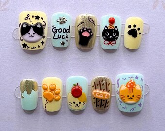 Cute Cat Press On Nails Kawaii Cartoon Nail Set Short Square Pastel Animal Luxury Fake Nails Handmade Kitty Manicure Designs 3D Charm Art