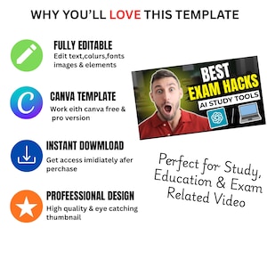 K&ouml;nnte beinhalten: Eine Grafik mit dem Text "WHY YOU'LL LOVE THIS TEMPLATE". Sie enth&auml;lt Symbole und Text, der Funktionen wie "FULLY EDITABLE", "CANVA TEMPLATE", "INSTANT DOWNLOAD" und "PROFESSIONAL DESIGN" beschreibt. Eine Video-Miniaturansicht ist ebenfalls vorhanden.