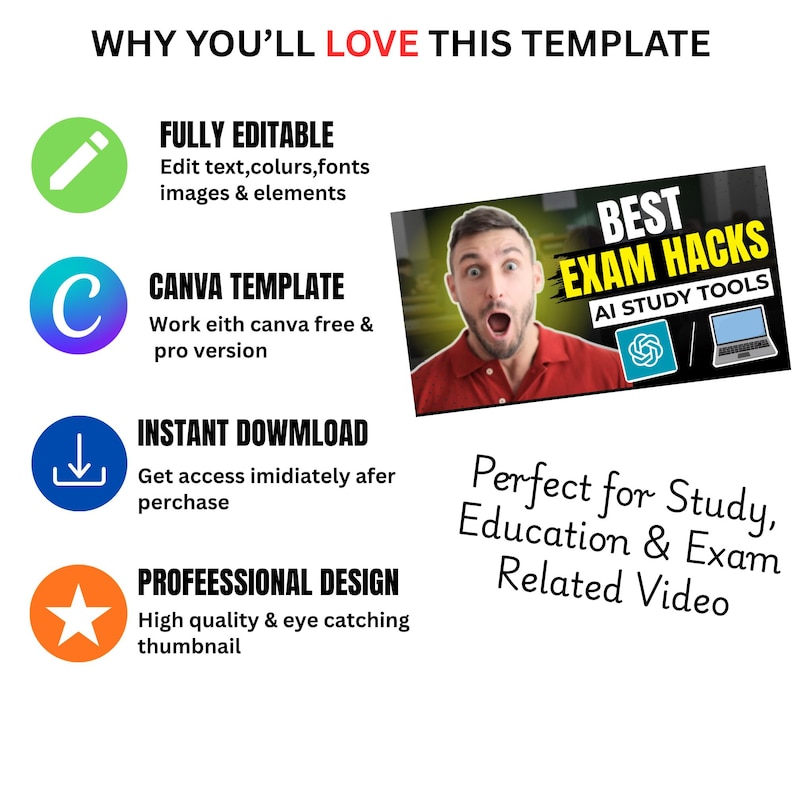 K&ouml;nnte beinhalten: Eine Grafik mit dem Text "WHY YOU'LL LOVE THIS TEMPLATE". Sie enth&auml;lt Symbole und Text, der Funktionen wie "FULLY EDITABLE", "CANVA TEMPLATE", "INSTANT DOWNLOAD" und "PROFESSIONAL DESIGN" beschreibt. Eine Video-Miniaturansicht ist ebenfalls vorhanden.