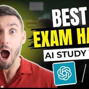 K&ouml;nnte beinhalten: Ein Mann mit offenem Mund und &uuml;berraschtem Gesichtsausdruck ist in einer Video-Miniaturansicht zu sehen. Der Text "BEST EXAM HACKS" ist in Wei&szlig; und Gelb gehalten, darunter steht "AI STUDY TOOLS". Symbole eines Laptops und eines Logos sind ebenfalls vorhanden.