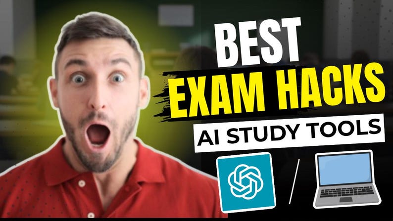 K&ouml;nnte beinhalten: Ein Mann mit offenem Mund und &uuml;berraschtem Gesichtsausdruck ist in einer Video-Miniaturansicht zu sehen. Der Text "BEST EXAM HACKS" ist in Wei&szlig; und Gelb gehalten, darunter steht "AI STUDY TOOLS". Symbole eines Laptops und eines Logos sind ebenfalls vorhanden.