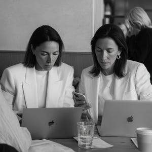 Op de afbeelding: Twee vrouwen in witte blazers zitten aan een tafel, elk werkend op een laptop. Eén vrouw houdt ook een smartphone vast. Een glas water en een koffiekopje staan op tafel. De scène is vastgelegd in zwart-wit.