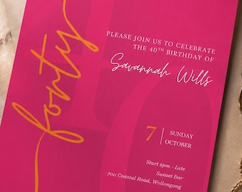 40th Birthday Invitation Template, Pink Orange Modern Party Invite (Digital Download)