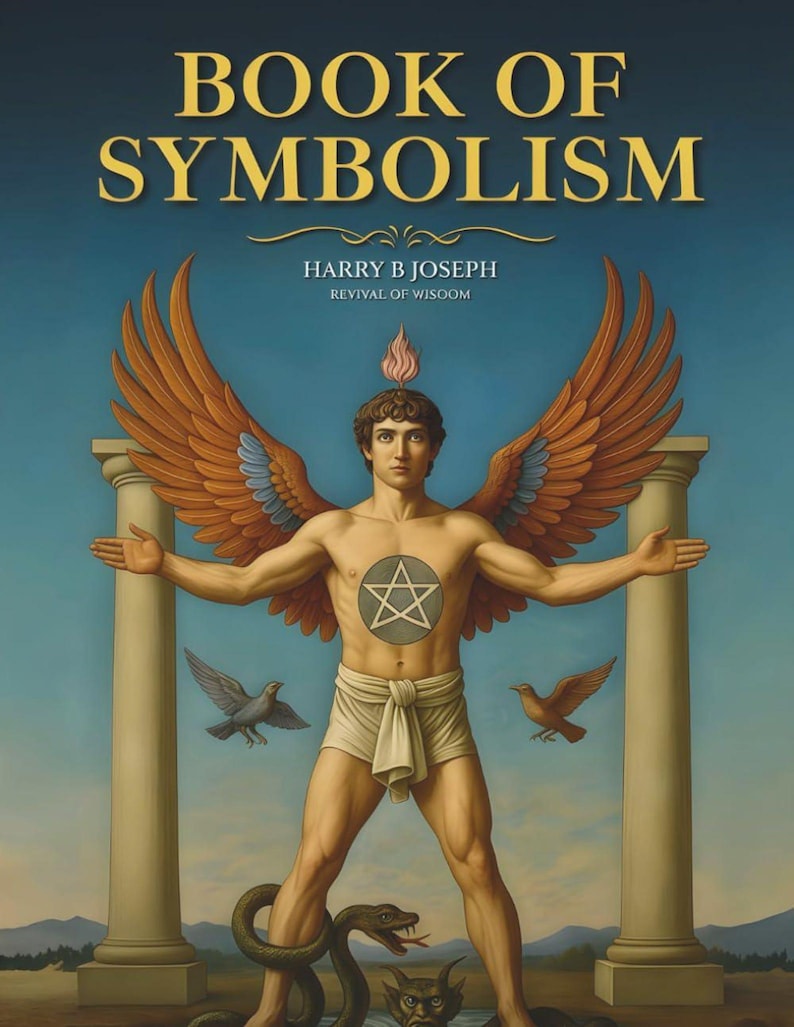 May include: Book cover art featuring a muscular figure with large orange wings, a star symbol on the chest, and a flame above the head. The title "BOOK OF SYMBOLISM" is at the top, with the author's name and subtitle below.