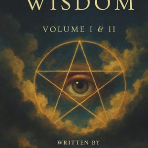 May include: Book cover for "The Book of Wisdom" featuring a stylized eye within a golden pentagram, set against a cloudy, dark blue background. The title and author's name are in gold lettering. The book is Volume I & II.