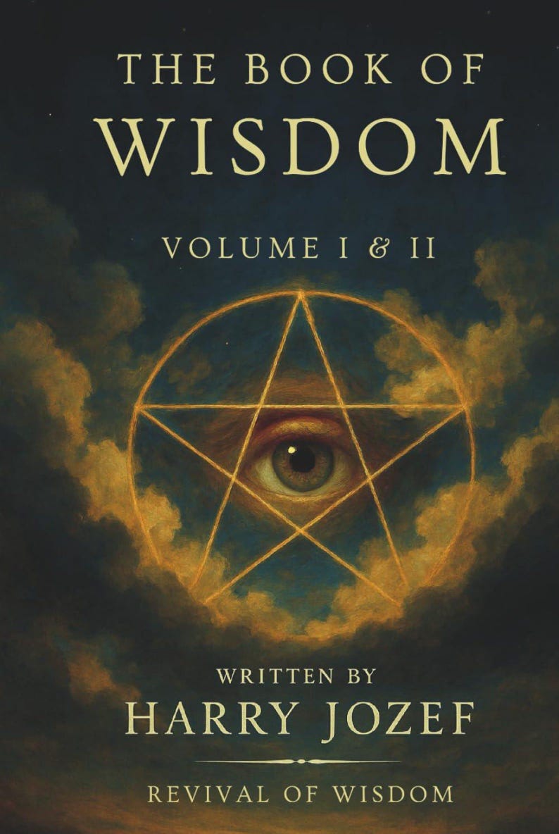 May include: Book cover for "The Book of Wisdom, Volume I & II" with a dark, cloudy background. A golden pentagram surrounds an eye. The author's name, Harry Jozef, and the phrase "Revival of Wisdom" are also displayed.