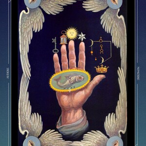 May include: An illustration from "The Secret Teachings of All Ages" by Manly P. Hall. The image features a hand holding a fish within an oval, surrounded by symbols like a key, lantern, sun, star, and crown, all set against a dark blue background.