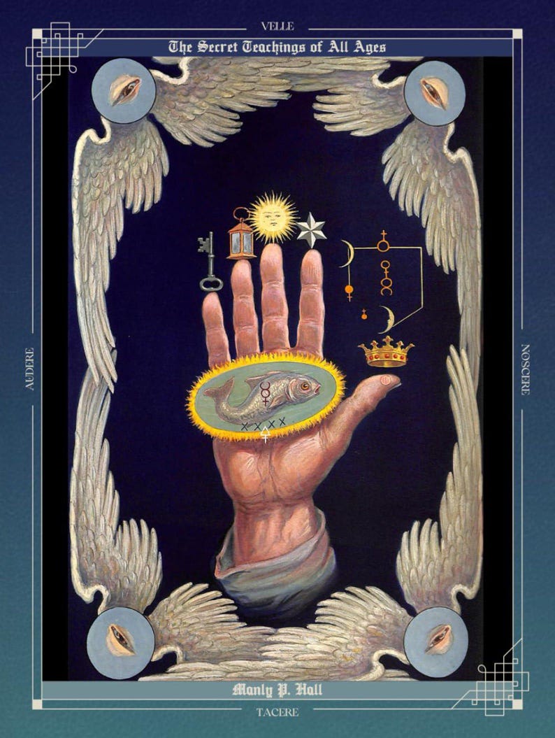 May include: An illustration from "The Secret Teachings of All Ages" by Manly P. Hall. The image features a hand holding a fish within an oval, surrounded by symbols like a key, lantern, sun, star, and crown, all set against a dark blue background.