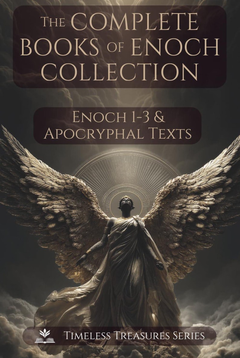 Pu&ograve; includere: Illustrazione di copertina del libro per "THE COMPLETE BOOKS OF ENOCH COLLECTION". Raffigura un angelo con grandi ali dettagliate, su uno sfondo scuro e nuvoloso. Il testo "ENOCH 1-3 & APOCRYPHAL TEXTS" &egrave; anch'esso visibile.