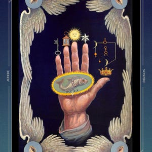 May include: An illustration from "The Secret Teachings of All Ages" by Manly P. Hall. The image features a hand holding a fish within an oval, surrounded by symbols like a key, lantern, sun, star, and crown, all set against a dark blue background.