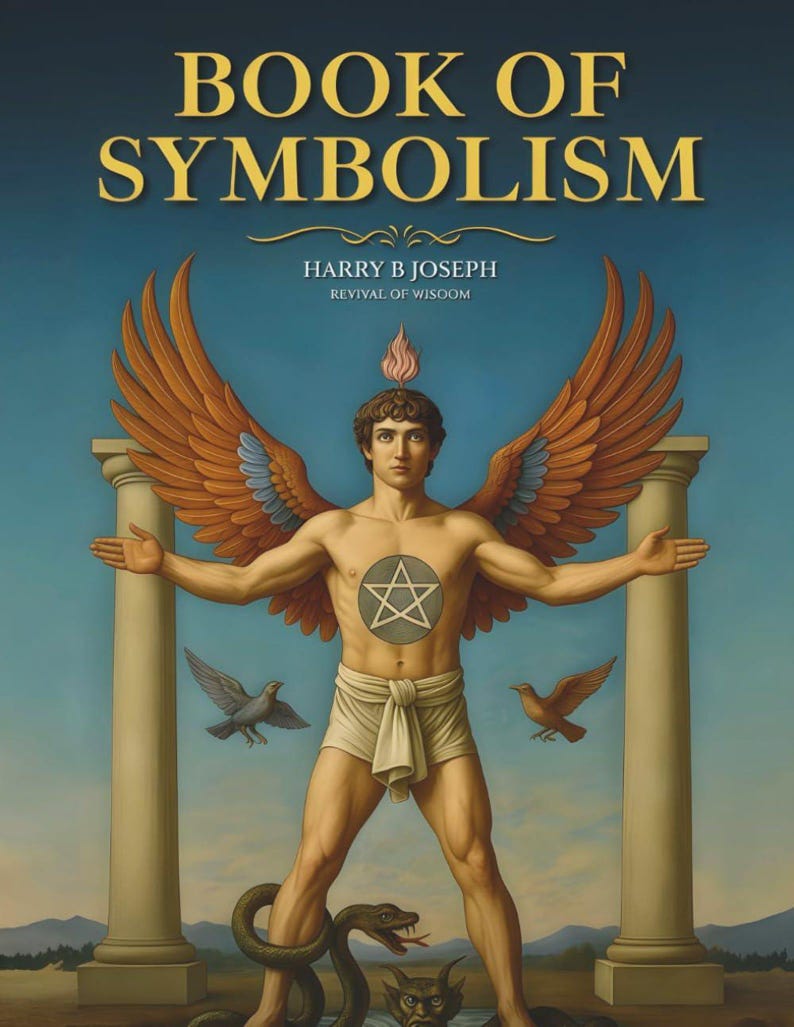 May include: Book cover art featuring a muscular figure with large orange wings, a star symbol on the chest, and a flame above the head. The title "BOOK OF SYMBOLISM" is at the top, with the author's name and subtitle below.