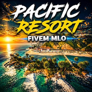 Könnte beinhalten: Eine digitale Illustration eines tropischen Inselresorts bei Sonnenuntergang. Die Worte "PACIFIC RESORT" sind in Weiß und Gelb dargestellt, darunter "FIVE MLO". Palmen, eine Brücke und Gebäude sind auf der Insel zu sehen.