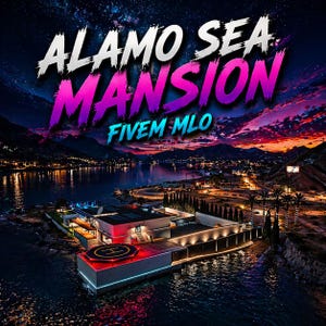 Könnte beinhalten: Luftaufnahme einer modernen Villa am Wasser in der Abenddämmerung. Der Text "ALAMO SEA MANSION FIVE MLO" ist in Weiß, Lila und Blau dargestellt. Die Villa verfügt über einen Hubschrauberlandeplatz und ist von Wasser und Palmen umgeben.