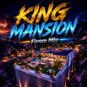 Könnte beinhalten: Digitalgrafik eines Luxus-Anwesens mit Dachpool und Landschaftsgestaltung. Der Text "KING MANSION" ist in Gold und Blau dargestellt, darunter "Fivem Mlo". Das Bild hat einen dunklen, dramatischen Himmel und einen Berg-Hintergrund.