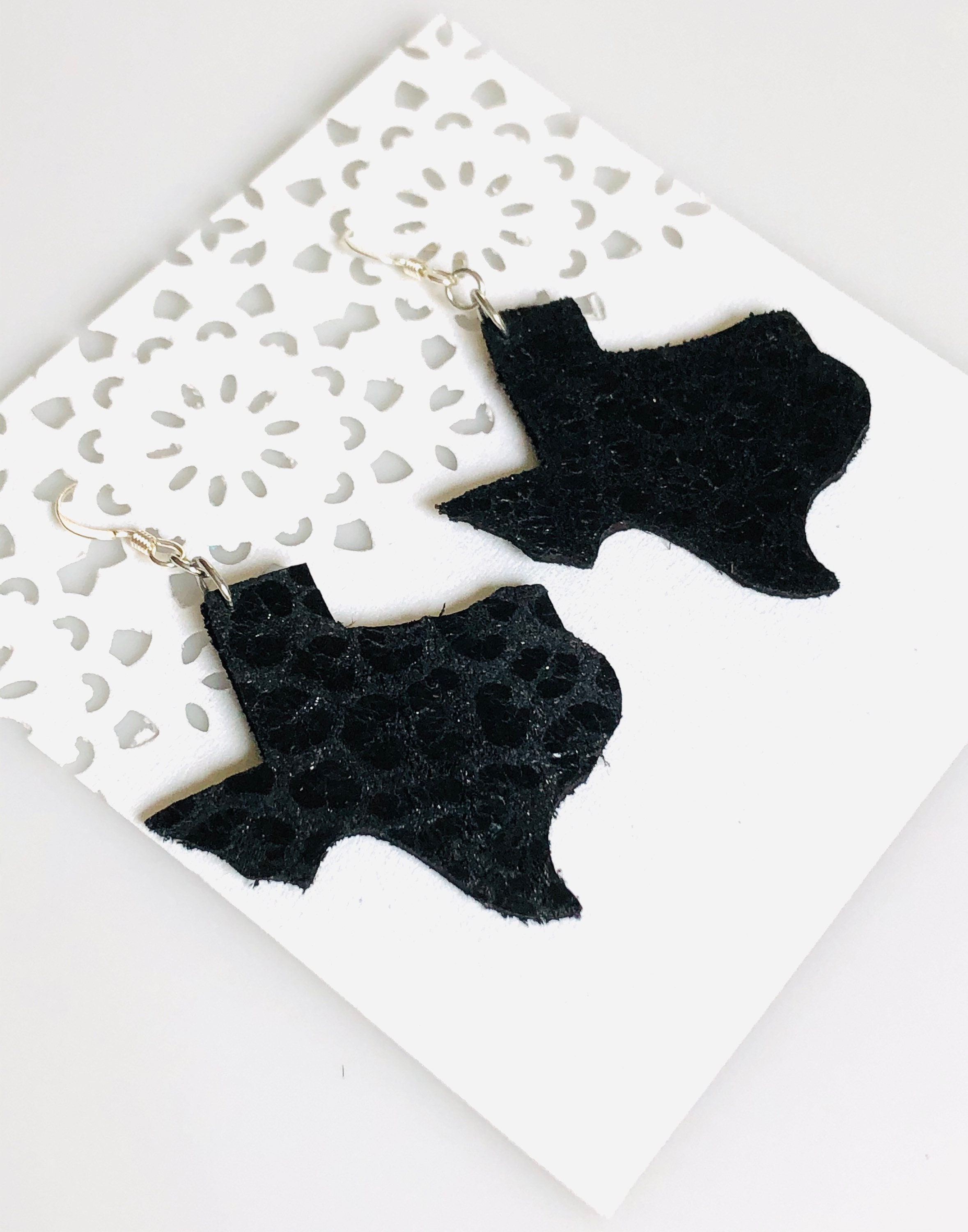 Christmas Gift for Her; Texas Earrings in Black Leopard Print Leather Earring - Texas Glam Girl