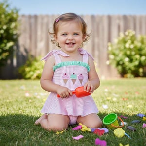 Può includere: Una bambina indossa un costume da bagno a righe rosa e bianche con ricamo di coni gelato. Il costume da bagno ha finiture a balze e spalline annodate. La bambina tiene in mano una paletta arancione e sorride sull'erba.