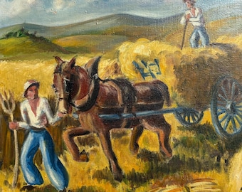 Scena di vendemmia vintage con cavalli – Olio su tela firmato