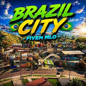 Può includere: Un'opera d'arte digitale vibrante con le parole "BRAZIL CITY" in verde e giallo, con una bandiera brasiliana. L'immagine mostra un paesaggio urbano con edifici colorati, un ponte e il testo "FIVE MLO". Un cielo soleggiato e montagne completano la scena.