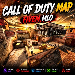 May include: A digital rendering of a Call of Duty map, titled "FiveM MLO." The image shows a detailed, realistic design of a Middle Eastern-style environment with buildings, crates, and a sunset sky. The image includes text that says "Custom MLO", "Optimized Performance", "High Quality Details", "Realistic Design", and "FiveM Ready."