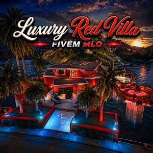 May include: A red luxury villa with the text "Luxury Red Villa FIVE MLO" set against a sunset backdrop. Palm trees frame the waterfront property, which includes a garage and a dock.