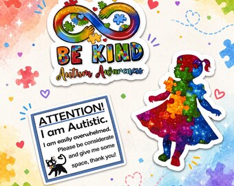 Autism Awareness Stickers – Be Kind, Neurodiversity Support, Vinyl Decals (3 Pack)