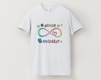 Neurodivergent T-Shirt - Rainbow Infinity Symbol with Heart and Planets - Inclusive Graphic Tee