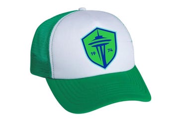 Seattle Soccer Fan Trucker Hat, Rave Green and Blue Mesh Back Cap, Football Culture Gift