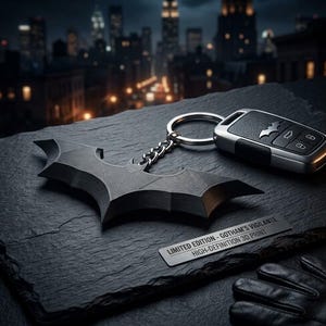 May include: A black bat-shaped keychain with a textured finish attached to a silver metal ring and a car key fob featuring a small bat emblem. A rectangular metal plaque reads LIMITED EDITION - GOTHAM'S VIGILANTE HIGH-DEFINITION 3D PRINT.