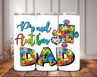 Autism Dad Rainbow Puzzle Tumbler, 20oz Insulated Travel Cup, Father Pride Gift, Men's Support Awareness Mug