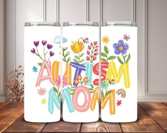 Floral Autism Mom 20oz Skinny Tumbler, Scribble Art Flower Travel Mug, Cute Neurodiversity Mother Gift Stainless Steel Cup
