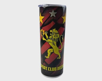 Red and Black Lion Pride 20oz Insulated Tumbler, Brazilian Soccer Culture Travel Mug, Striped Sport Fan Stainless Steel Cup