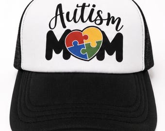 Autism Mom Trucker Hat - Awareness Mesh Cap with Puzzle Heart Design