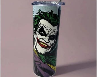 20oz Skinny Tumbler Comic Book Villains and Heroes, Pop Art Sublimation Travel Mug, Gotham Inspired Coffee Cup with Straw, Geek Gift