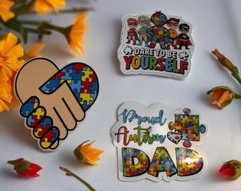 Autism Awareness Sticker Set – Proud Dad, Superhero Squad, Puzzle Handshake (3-Pack)