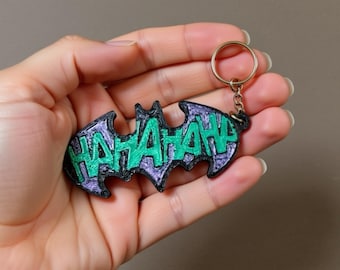 Mad Villain Laugh Keychain, Retro Comic Style Smile Bag Tag, Neon Purple and Green Evil Grin Keychain, Comic Fan Gift