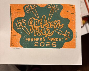 Carte postale en linogravure du marché fermier de Jackson Park 2026, art de Milwaukee, 4×6