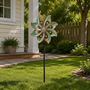 May include: A decorative metal flower garden stake. The flower has green and copper-coloured petals with yellow accents. It is mounted on a black metal pole and stands in a grassy garden. The flower is a unique outdoor decoration.