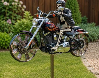 Molinillo de viento metálico con forma de motocicleta, estaca de jardín con figura de esqueleto jinete, decoración de Halloween para el césped.